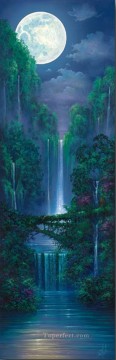 風景 Painting - 月夜の滝の熱帯雨林の山々